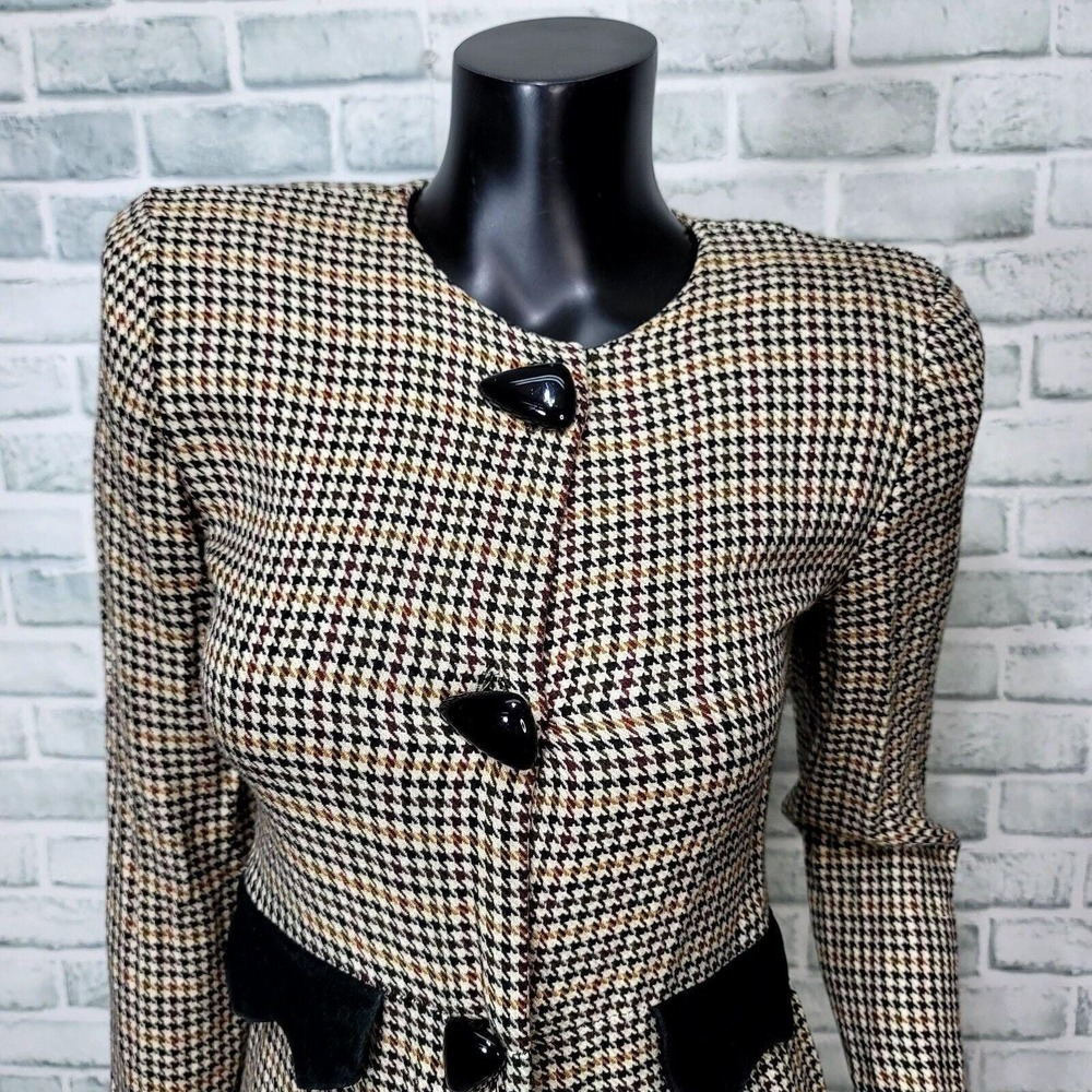 Vintage 80s Cynthia Howie Petite 4 Houndstooth Dress USA Velvet Trim Academia - Picture 2 of 8